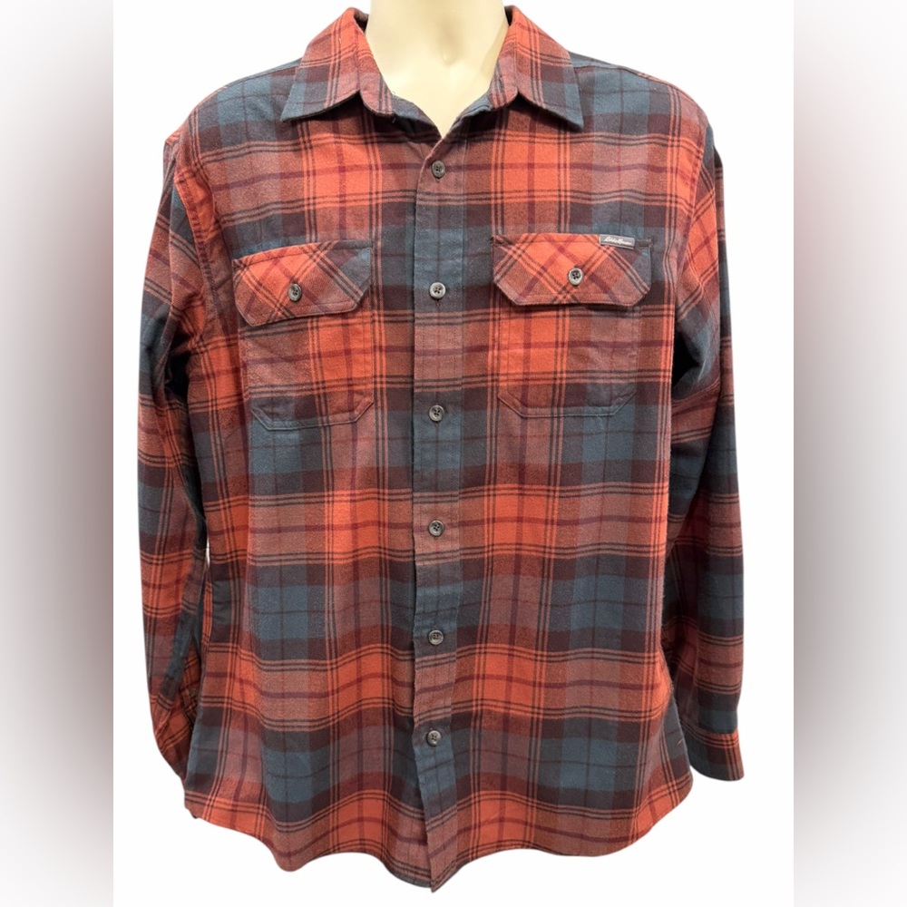 Eddie Bauer Mens Flannel Plaid Shirt Size Large Rust Red & Teal Pockets Western
